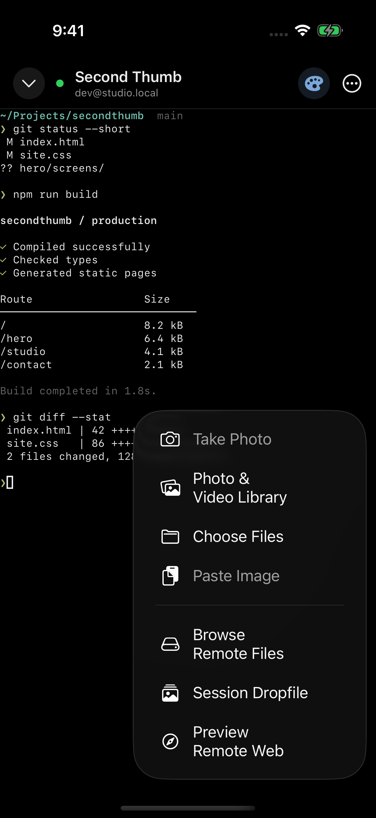 Hero attachment menu with options for remote files, website previews, and uploads