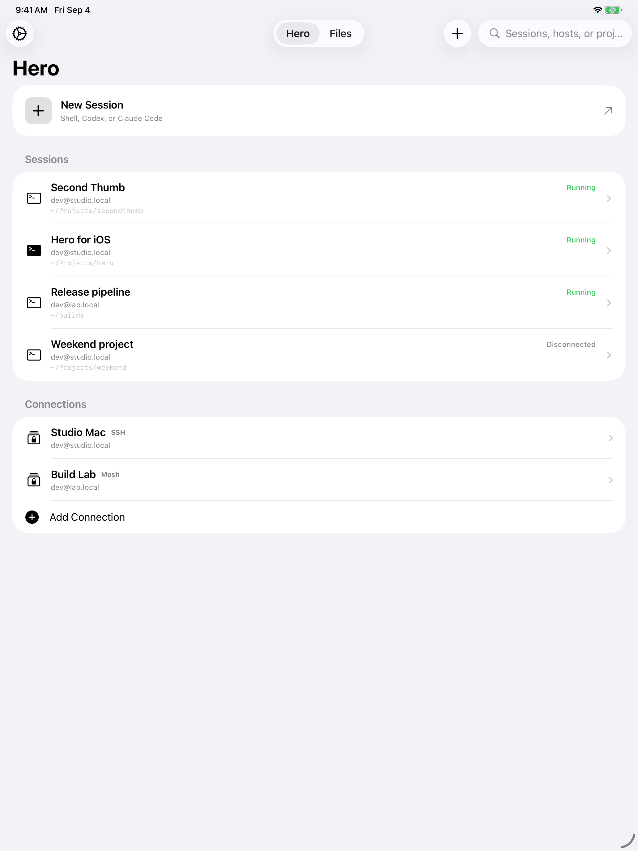 Hero session workspace and host selection on iPad