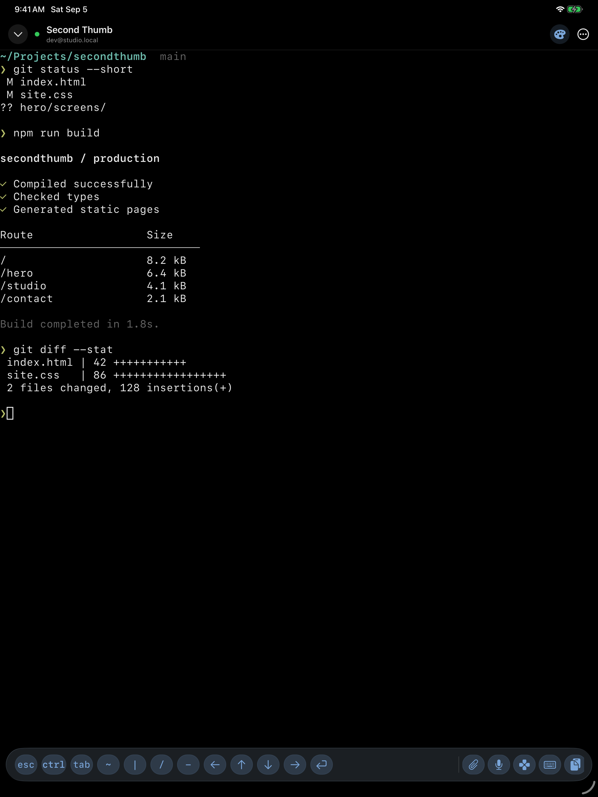 Hero terminal on iPad with a full project build and git changes