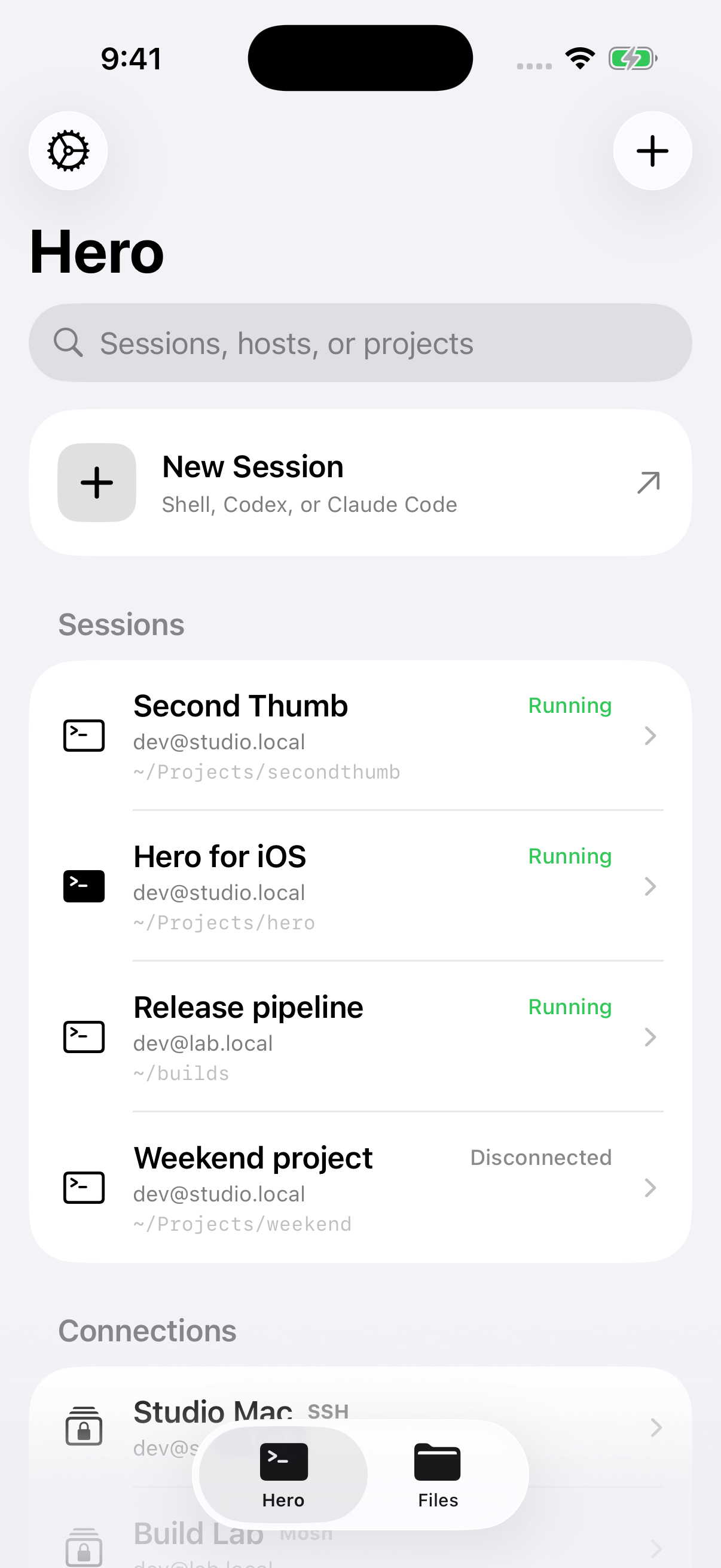 Hero session list with Shell, Codex, and Claude Code projects on iPhone