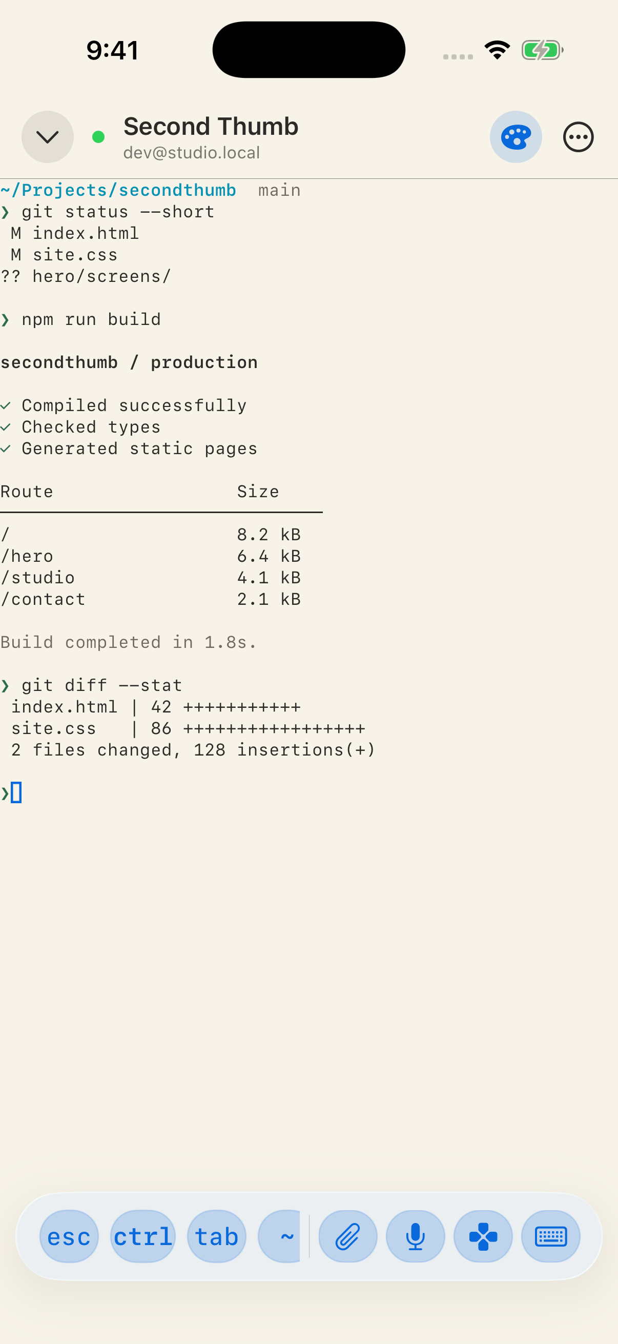 Hero terminal using Paper: a warm light background with dark text