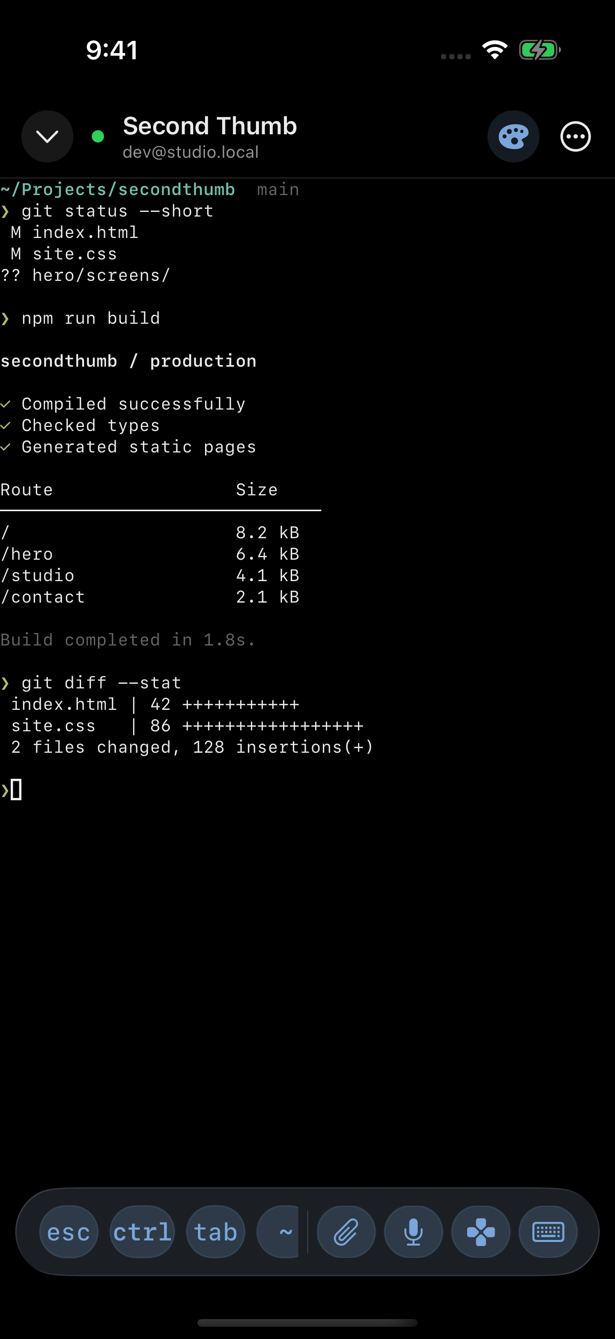 Hero terminal displaying a project build and git changes with its native shortcut toolbar